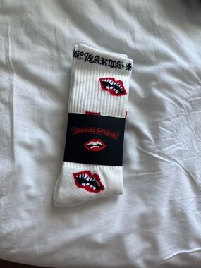 Chrome Hearts White Crew Socks with Red and Black Lip Motif